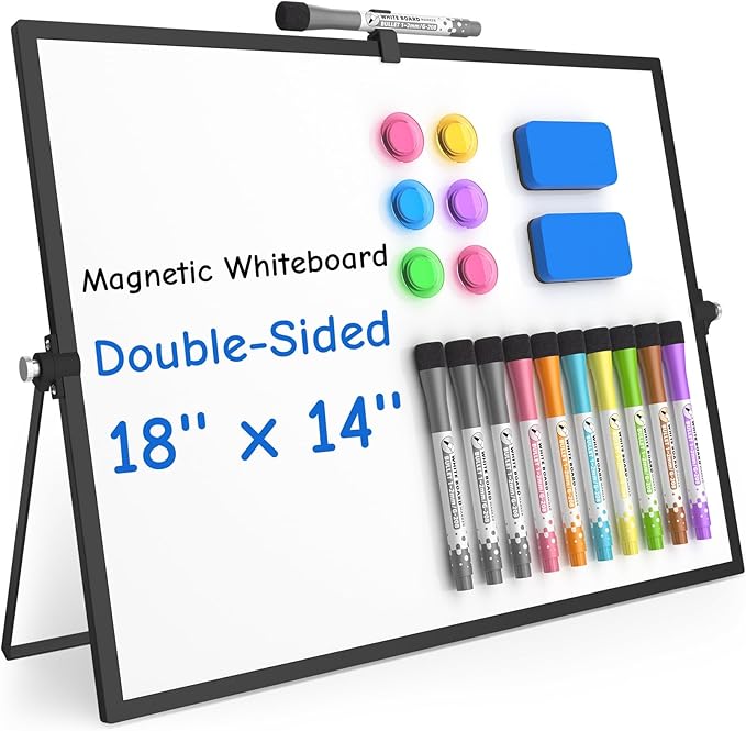 Grtard Magnetic Dry Erase Board with Stand, 18''x14'' Double-Sided White Board, Desktop Whiteboard with Stand, Large White Board, Desk Whiteboard Portable, Dry Erase Board for Kids, Memo(Black)