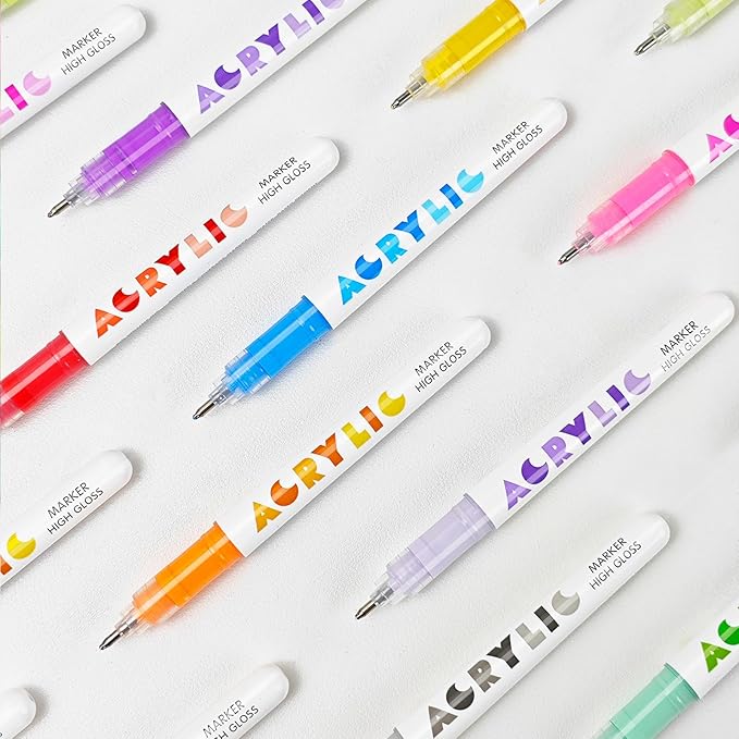 kander Acrylic Gel Pens, 12 Colors Highlighter Acrylic Gel Ink Pens with Bullet Tip,Strong Coverage, Large Ink Capacity, Multi-Purpose Paint Pens for Rock Painting, Crafts, DIY, Art Supplies