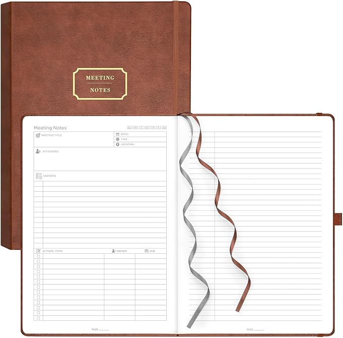 EMSHOI Meeting Notebook for Work with Sticky Tabs - 240 Pages, A4 Size Project Planner, PU Leather Meeting Agenda/Minutes Organizer for Women Men, Note Taking, Office & Business, 8.3"x11.7", Coffee