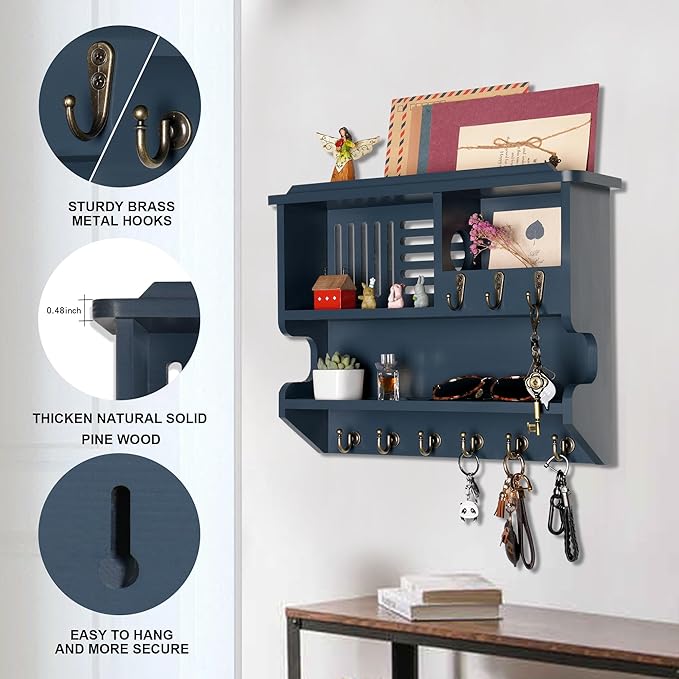 Mutsault Key Holder for Wall, Mail and Key Holder for Home Decor, Key and Mail Holder for Wall with Key Hooks, Gray