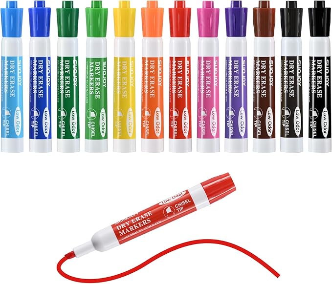 SUQJOY Dry Erase Markers, Chisel Tip Whiteboard Markers, Low Odor Thick Dry Marker, 12 Pack 12 Assorted Color Markers for Classroom, Office & Home Use