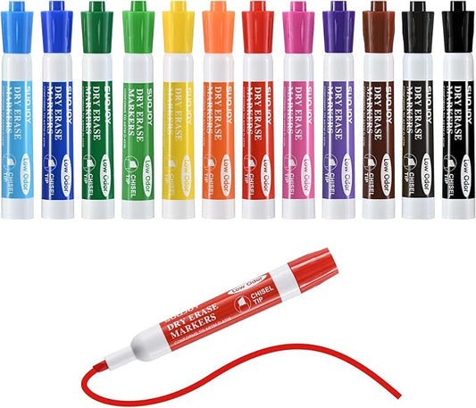 SUQJOY Dry Erase Markers, Chisel Tip Whiteboard Markers, Low Odor Thick Dry Marker, 12 Pack 12 Assorted Color Markers for Classroom, Office & Home Use
