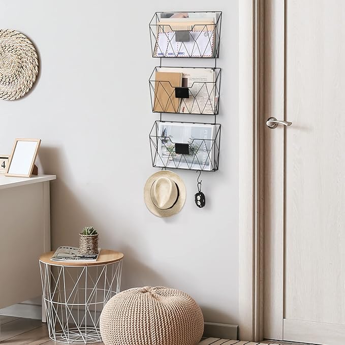 YBING Hanging Wall File Organizer Wall File Holder 3 Pockets Wall-Mounted File Rack with Hooks Wall-Mounted Paper Organizer Metal Hanging Storage for Office Living Room, Black (3 Pack - Black)