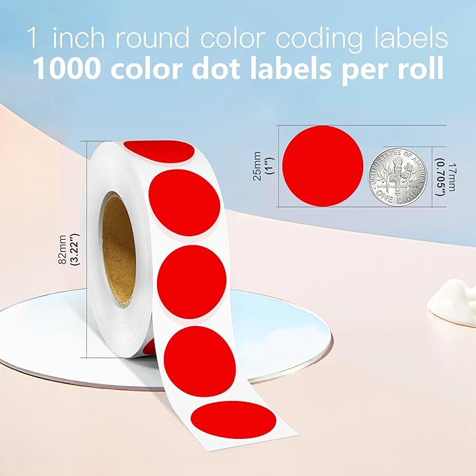 1 Inch Round Color Coding Labels, 1000 Dots Per Roll Red Color Coded Dot Stickers, Round Color Dot Labels for Organizing, Filing, and Storage