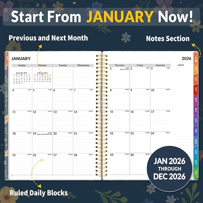 SUNEE 2026 Appointment Book, Quarter-Hourly, Weekly & Monthly - from January 2026 - December 2026, 8.5"x11" Weekly Planner, Flexible Cover, Note Pages, Pockets, Bookmark, Spiral Binding, Navy Flower