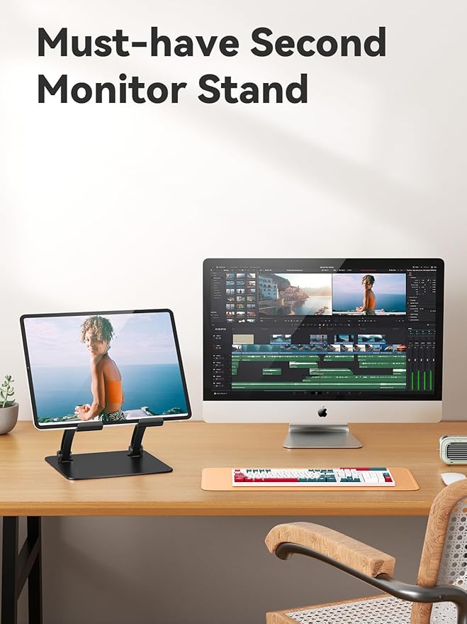 tounee Tablet Holder Stand, Dual Rod Adjustable Aluminum Desktop Stand, Compatible with 4.7-16.9" iPads, Surface Tablets, Portable Monitor, Kindle and More (Black)