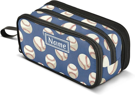 BOENLE Custom Baseballs Ball Blue Pencil Case Box Boys Girls Personalized Name Large Pencil Pouch Stationery Pen Bag Organizer for Kids Adults School Office