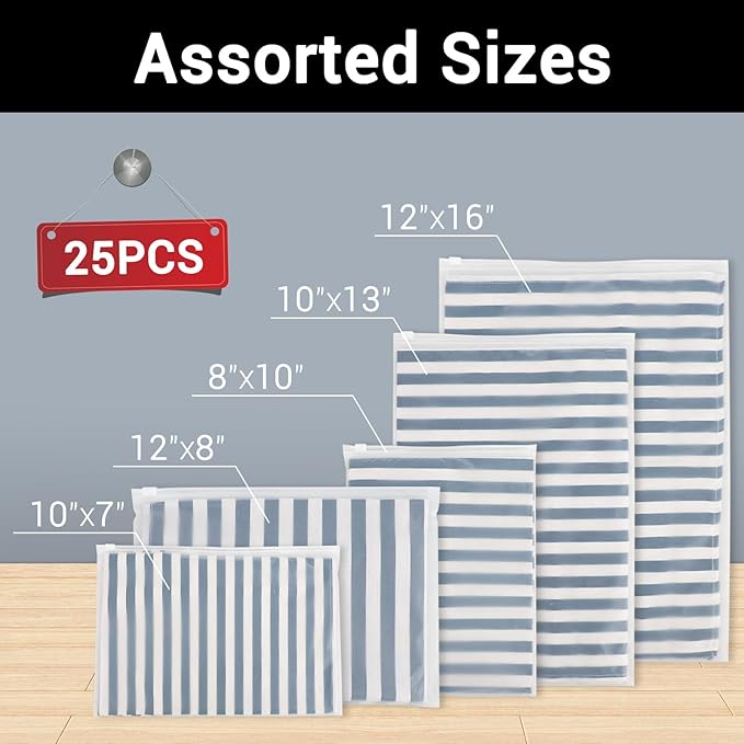Svaldo T Shirt Bags 3 Mil Thick, 5 Sizes 12x16" 10x13" 8x10" 12x8" 10x7" Pack of 25, Resealable Zip Packaging Poly Bags Durable for Business Packing Shipping Travel, Frosted, with Vent Hole