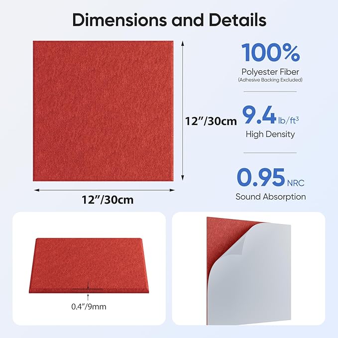 UNECHO 12 Pack 12" X 12" X 0.4" Acoustic Panels for Wall Sound Absorbing, Square Self-Adhesive Sound Panel, High Density Suitable for Multiple Scenarios(Cherry Red)