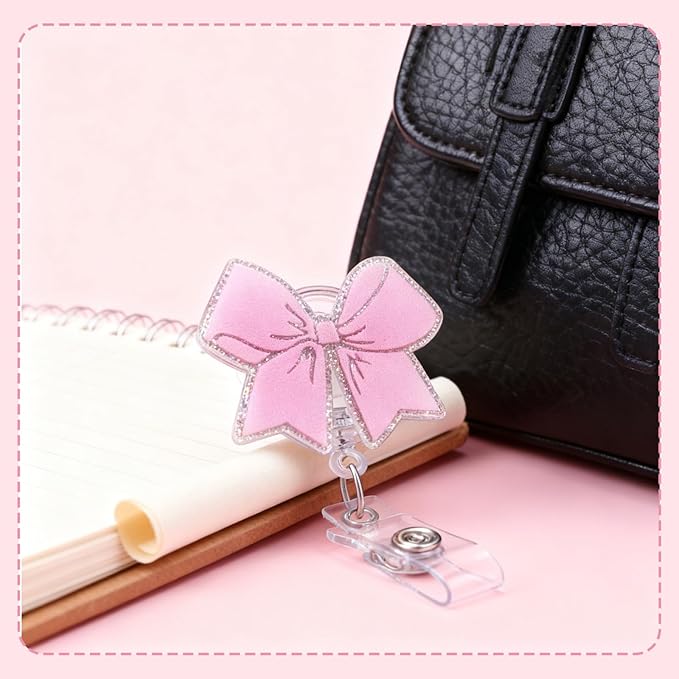 2Pcs Pink Bow Badge Reel Retractable Cute Badge Reels with Alligator Clip ID Badge Holder for Nurse,Medical Worker,Nursing Student,Teacher