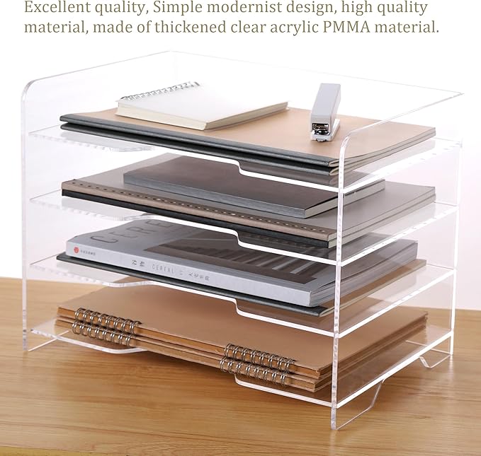 HeZone Acrylic Desk Organizer, 4 Tier Paper Tray, Clear Letter Tray, Office Accessories