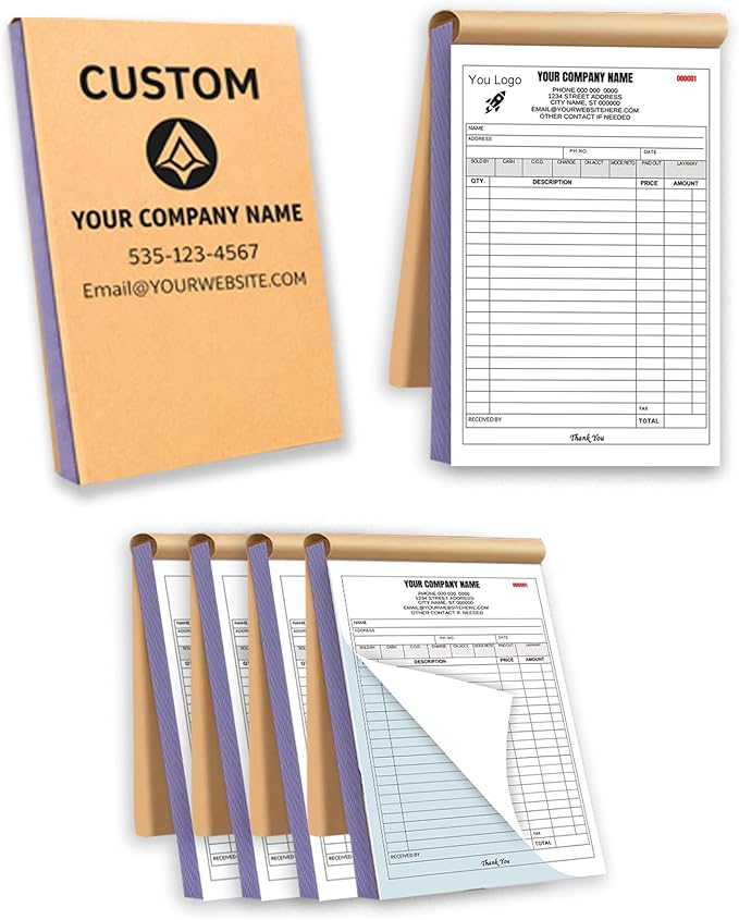 Custom Carbonless Invoice Book with Logo, Personalized Cover & Inner Pages, 2 Part NCR Receipt & Work Order Forms, Easy Tear, Writing Shield for Small Business (2-Part [White/Blue], 10.24 * 7.48INCH)