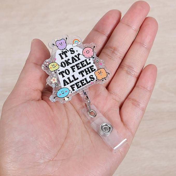 It's Okay to Feel All The Feels Funny Nurse Badge Reel, Cute Inspirational Mental Health Retractable ID Card Badge Holder, Name Tag Badge Buddy for Nurse Psychiatrist Psychotherapist Social Workers