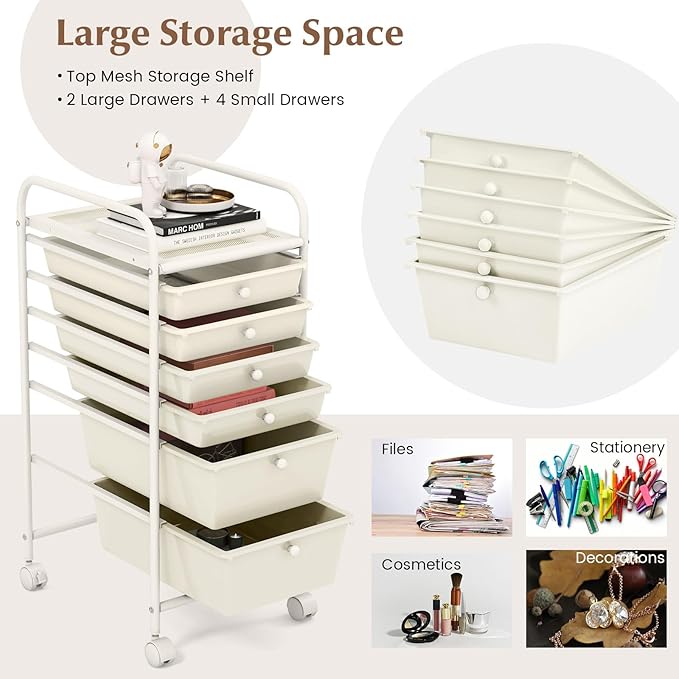 RELAX4LIFE 6-Drawer Rolling Storage Cart - Classroom Organization on Wheels w/Removable Plastic Drawers, Mobile Art Craft Cart for School Paper Home Office, Utility Cart with Drawers (White)