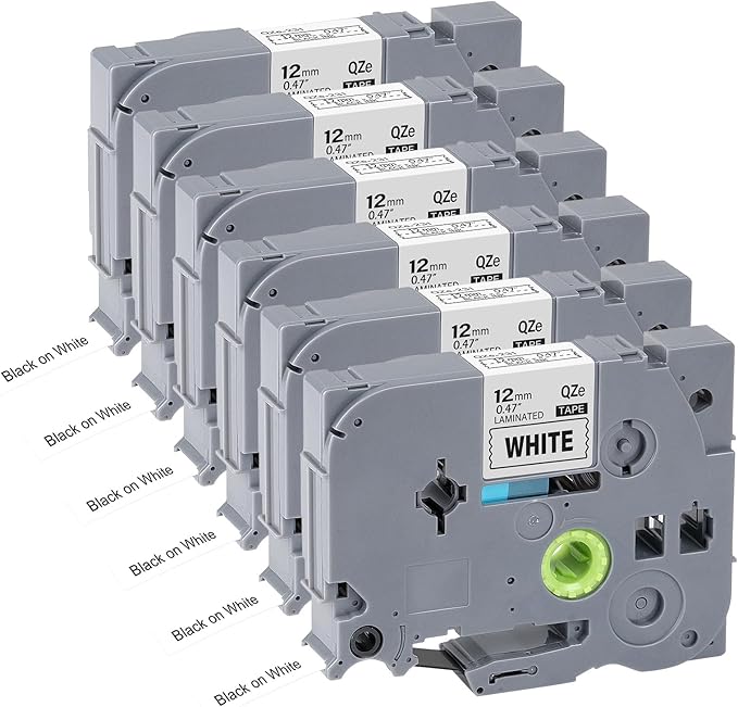 6pack 12mm 0.47'' TZe TZ Tape Laminated White Label Maker Tape Replacement for Brother P Touch Label Tape TZe-231 TZe231 Compatible with Brother PT-D210 PT-D220 PT-H110 PT-D410 PT-P710BT