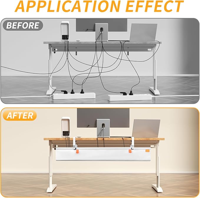 SUREUP9 No Drill Under Desk Cable Management Tray, 28" Cord Organizer with Clamp, Fabric Cable Management for Standing Desks, Ideal for Home & Office - White