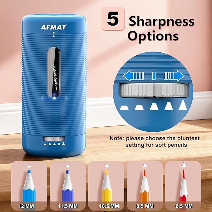 AFMAT Electric Pencil Sharpener, Fully Automatic Pencil Sharpener, Auto in & Out, Rechargeable Hands-Free Sharpeners for Jumbo & Colored Pencils (6.5-12mm), Portable for Home/Classroom/Office PSC2