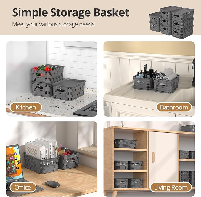 ZFTMRR Plastic Storage Basket with Lids, Stackable Small Box Bins for Organizing and Containers for Shelves Drawers Desktop Closet Playroom Pantry Classroom Office Home, 8 Pack 10.2x7.2x4.1 Inch, Gray
