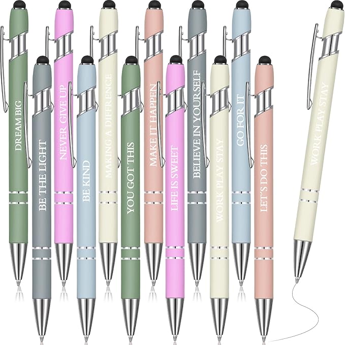 Zonon 12 Pcs Inspirational Pens Bulk Funny Ballpoint Pen with Stylus Tip Motivational Gifts for Valentine's Day Teacher Coworkers Nurse School Office Supplies(Morandi,Motivational Style)
