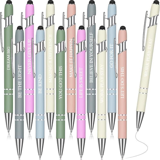 Zonon 12 Pcs Inspirational Pens Bulk Funny Ballpoint Pen with Stylus Tip Motivational Gifts for Valentine's Day Teacher Coworkers Nurse School Office Supplies(Morandi,Motivational Style)