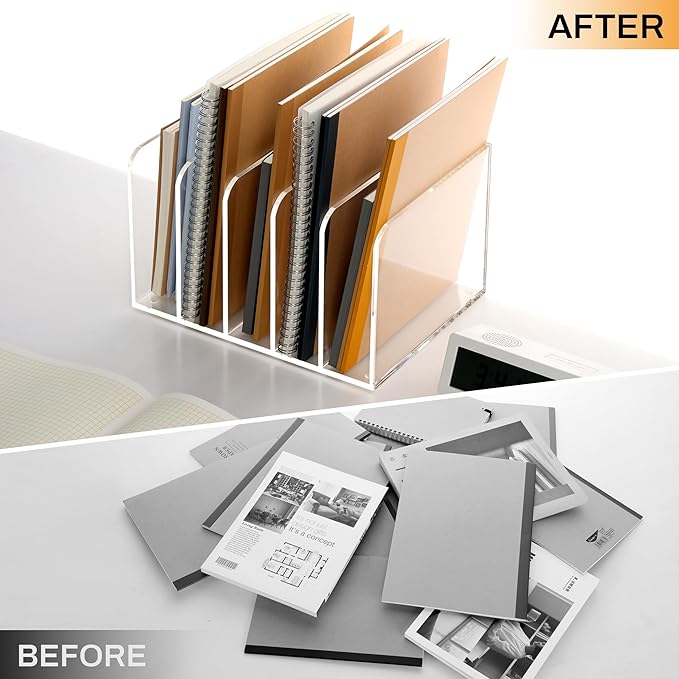 SANRUI Acrylic File Organizer, Clear Magazine File Holder Desk Organizer for Office Organization and Storage with 5 Vertical Compartments, Desktop Bookshelf for Home Office Organization