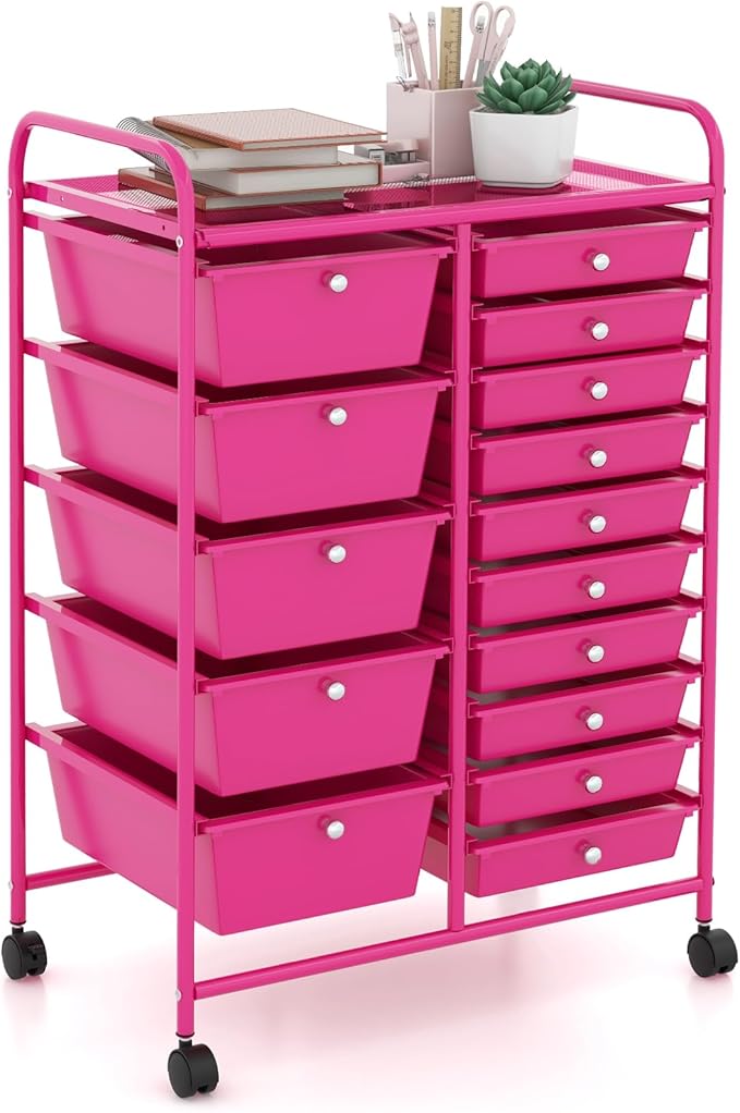 GOFLAME 15-Drawer Rolling Storage Cart, Craft Storage Cart with Removable Drawers & Lockable Wheels, Art Cart Supply Storage Organizer for Home Office Classroom, Hot Pink