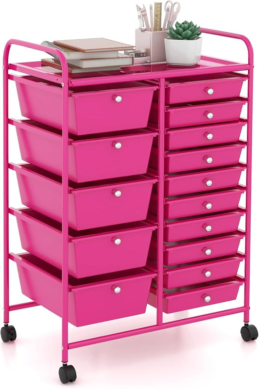 GOFLAME 15-Drawer Rolling Storage Cart, Craft Storage Cart with Removable Drawers & Lockable Wheels, Art Cart Supply Storage Organizer for Home Office Classroom, Hot Pink