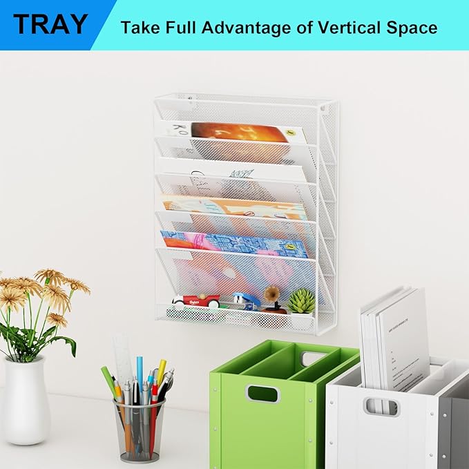 GDINDINFAN Wall File Organizer Holder Mesh Hanging Paper Document Holder,Vertical 6 Pocket Tier for Office Home, White