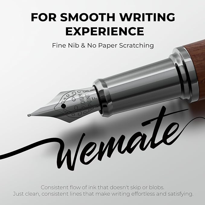 WEMATE Fountain Pen Set, Fine Nib with 20PCS 2.6MM Ink Cartridges(10 Black&10 Blue),1 Ink Converter, Nice Luxury pen for Men, Women, Cool Wooden Fountain Pen for Writing, Journaling, Calligraphy