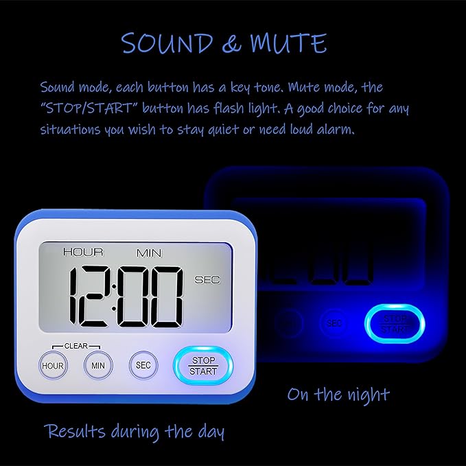 Digital Kitchen Timer Magnetic Loud Alarm, Large LCD Screen Silent/Beeping Multi-Function for Teachers Classroom Kids, Blue