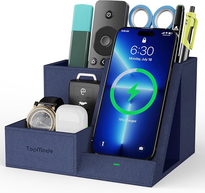 TopMade Wireless Charger with Desk Nightstand Organizer, Leather Pen Pencil Holder Bedside Fast Charging Station, for iphone Charging Stand Office Supplies Desk Accessories, Gifts for Men(Blue)