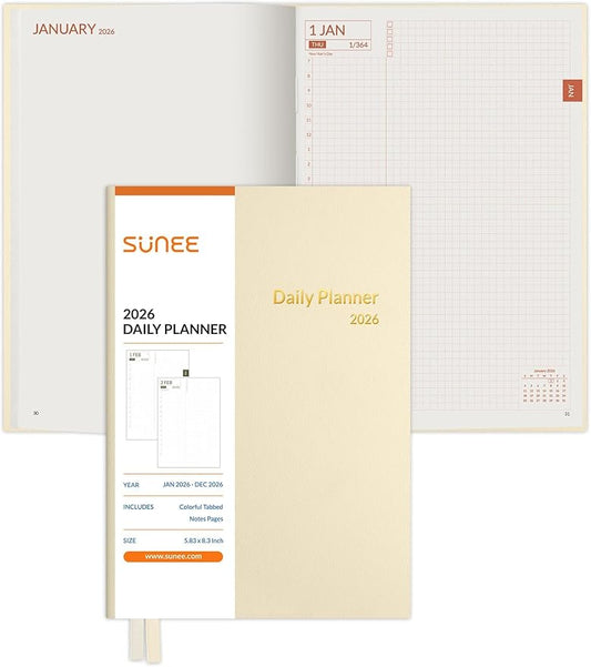 SUNEE 2026 Daily Planner A5 Hardcover – Hourly Schedule Organizer with Monthly Tabs & Task Tracker – Beige Cover Time Management Notebook for Work, School, Personal Goals