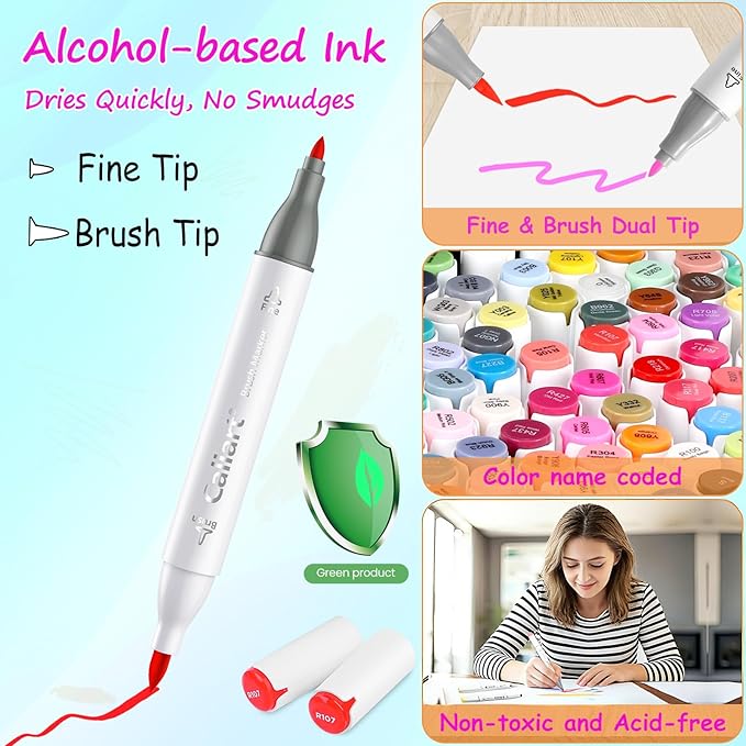 Caliart Alcohol Markers Brush Tip - 121 Colors Dual Tip Artists Coloring Markers Set Brush & Fine, with Case Permanent Alcohol Based Colored Sketch Pens, Art Supplies Gifts for Adults Drawing