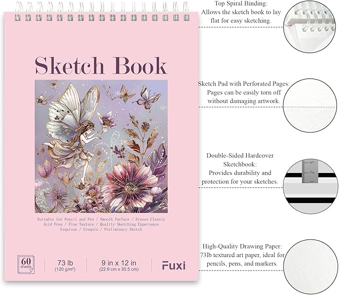 Fuxi Coloring Books for Girls, 60 Sheets (73lb/120gsm) Blank Sketch Book + 50 Designs Blank Coloring Book, Stocking Stuffers for Kids 8-12 Girls.