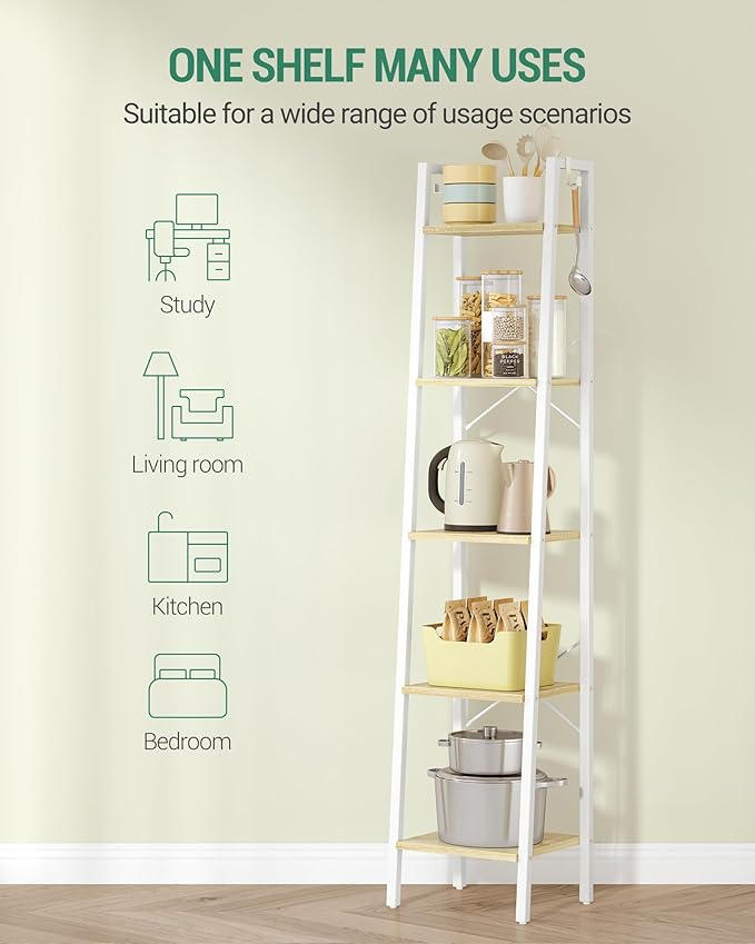 Hzuaneri Ladder Shelf, Bookshelf Bookcase, Freestanding Corner Storage Shelve with 2 Hooks for Home Office, Living Room, Kitchen, Bedroom, Industrial, 11.8" D x 13.4" W x 63" H, White Oak and White