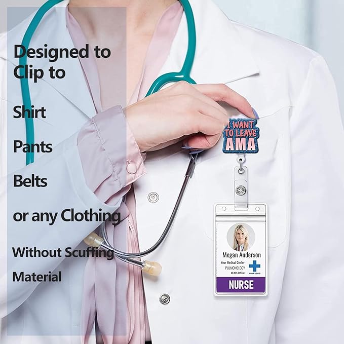 Badge Reel Retractable Band ID Clip I Want to Leave AMA Acrylic Badge Clip Name Badge Accessory for Nurses Office Workers Teachers Students Women Men