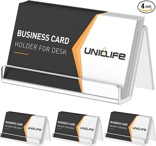 Uniclife 4 Pack Acrylic Business Card Holder for Desk, 3.5" x 1.9" x 2", Clear Horizontal Business Card Display Stand, Desktop Business Card Organizer for Office, Index Card Holder, 50 Card Capacity