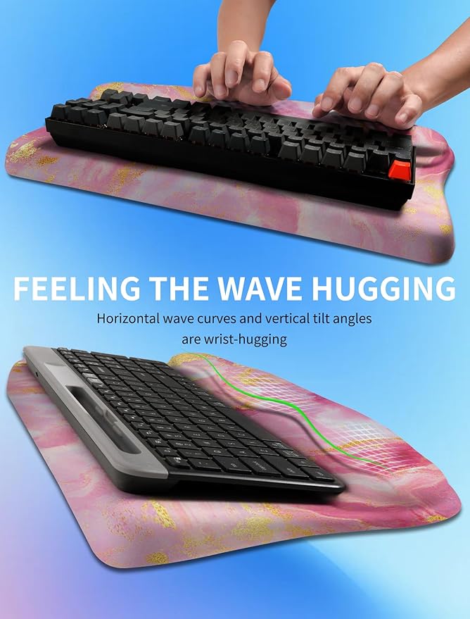 KUOSGM Ergonomic Wave Wrist Rest with Keyboard Stand, Cushioned Palm Rest, Comfortable Integrated Memory Foam for Natural Typing and Relieve Wrist Pain, Pink Gold Marble