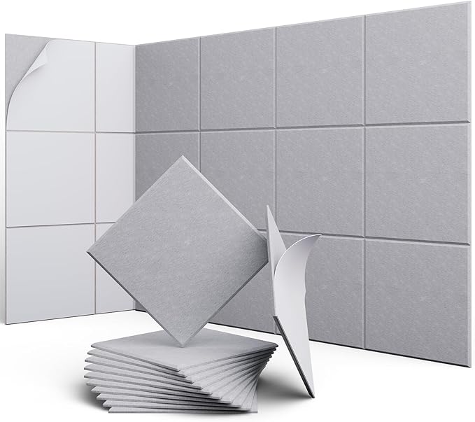 UNECHO 12 Pack 12" X 12" X 0.4" Acoustic Panels for Wall Sound Absorbing, Square Self-Adhesive Sound Panels, High Density Suitable for Multiple Scenarios(Ash Gray)
