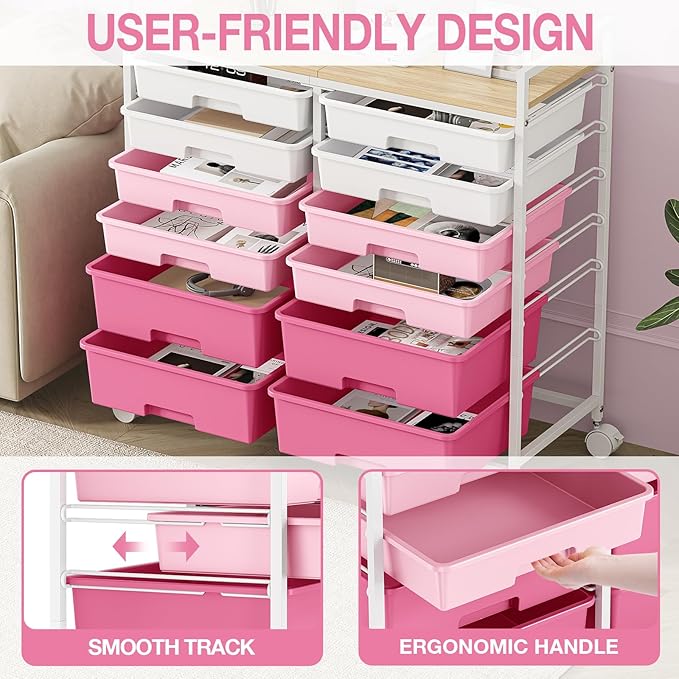 Rolling Storage Cart with 12 Drawers, Wooden Tabletop Utility Cart for Craft Storage, Art Supply Storage & Home Office Organization, Teacher Cart with Wheels for Classroom Organization, School