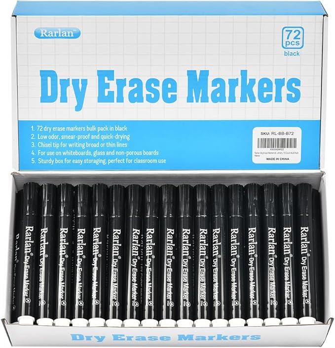 Rarlan Dry Erase Markers Bulk, Chisel Tip, Black, Whiteboard Markers, 72 Count Bulk Pack