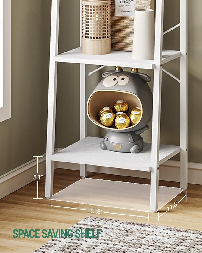 Hzuaneri Ladder Shelf, Bookshelf Bookcase, Freestanding Corner Storage Shelve with 2 Hooks for Home Office, Living Room, Kitchen, Bedroom, Industrial, 6-Tier White BC13313W