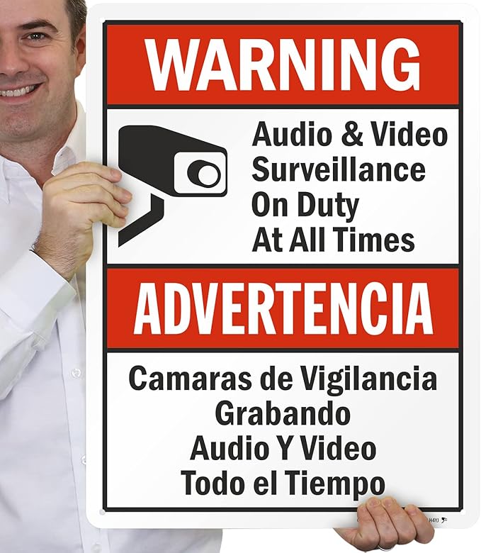 SmartSign 24 x 18 inch “Warning - Audio & Video Surveillance On Duty At All Times” Bilingual Sign, Digitally Printed, 55 mil HDPE Plastic, Red, Black and White, Made in USA