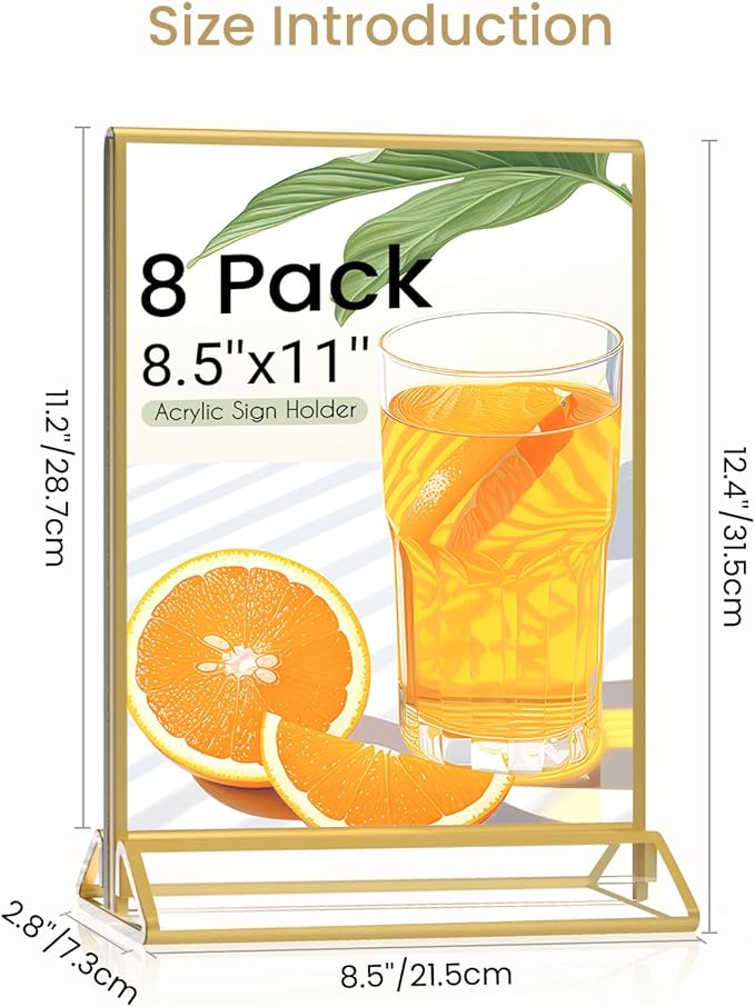 Smarpau 8 Pack Acrylic Sign Holder 8.5x11 Gold Acrylic Frame Clear Table Number Holders Picture Frames Double Sided Gold Frame for Wedding Party Decoration Restaurant Menu Home Display Stand