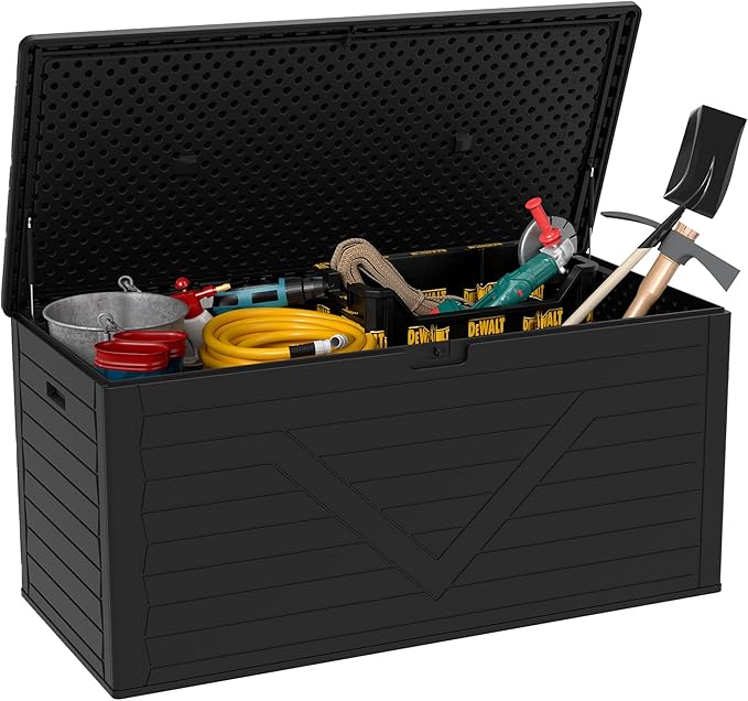 PATIOEASY Outdoor Storage Box 260GAL Waterproof Resin Deck Box,UV-Resistant Lockable Package Delivery Bin for Garden Tools,Large Patio Outside Cushions,Pool Accessories Supplies,Chest,Furniture,Brack