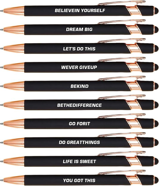 10pcs Inspirational Pens Set Stylus Pens Design Black Ink Smooth Writing Pens No Smudge Office Essentials Inspirational Quotes Engraving Pen for Employee Benefits and Team Rewards Motivational Gifts