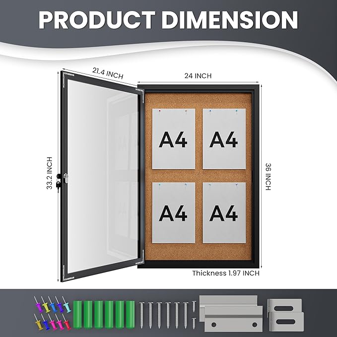 36"x24" Lockable Enclosed Bulletin Board, Outdoor Cork Weather-Resistant Aluminum Frame Notice Board, Wall Mounted Display Case Acrylic Doors for School,Office,Black Frame w/Cork