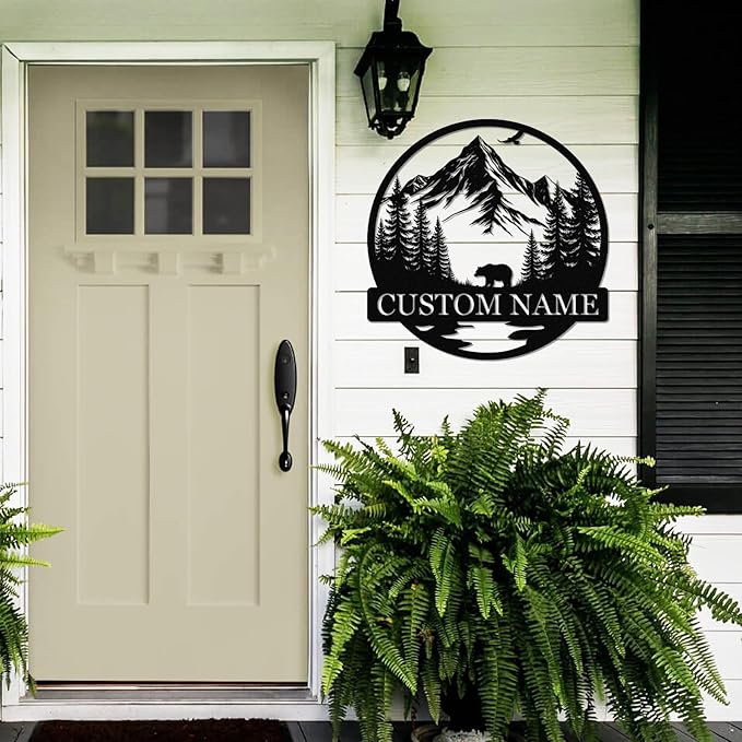 Dyoart Personalized Bear Metal Cabin Sign | Custom Signs Outdoor Metal | Cabin Decor | Family Sign | Rustic Cabin Bear Sign | Gifts for Hunters | Metal Art Wall Decor for Living Room Bedroom
