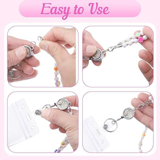 Teacher Lanyard with ID Holder Cute Flower Wooden Beaded Lanyards for ID Badge Holders Retractable Badge Reel Keys Eyeglass Chains