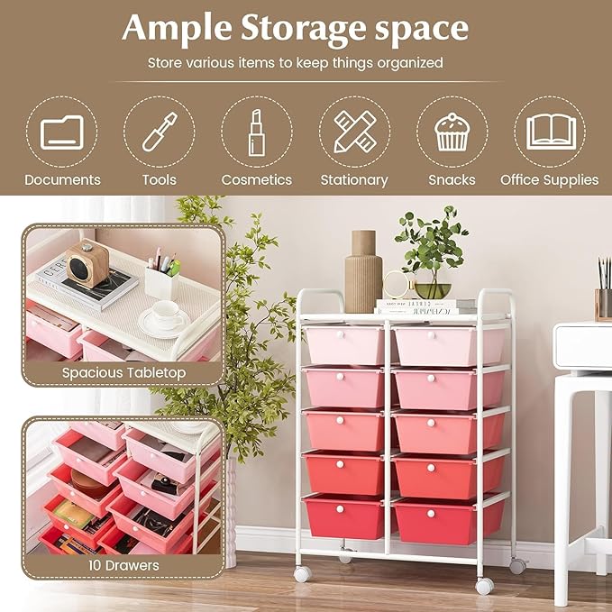 LDAILY 10 Drawer Rolling Cart, Storage Cart Organizer on Wheels, Drawer Cart with Metal Frame & Large Storage Capacity, Rolling Cart with Drawers for Living Room Classroom, Office
